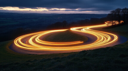 Light trails of cars on the winding road, landscape photography, hillside