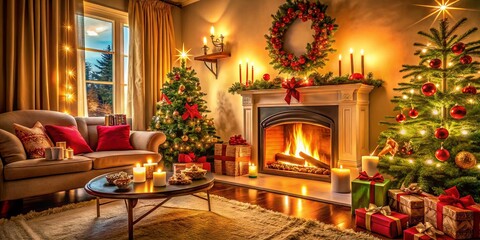 Cozy Holiday Living Room with Fireplace and Christmas Tree