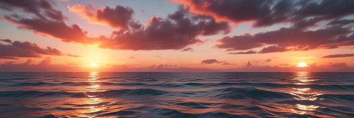 Obraz premium A peachy red and turquoise sunset over the ocean, beach view, warm glow, sunset on the ocean