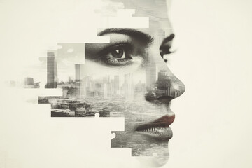 A human face divided into puzzle pieces with missing data blocks, highlighting AI’s role in privacy loss and ethical dilemmas.