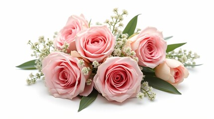 Bouquet of roses, tulips and mimosa on a white background