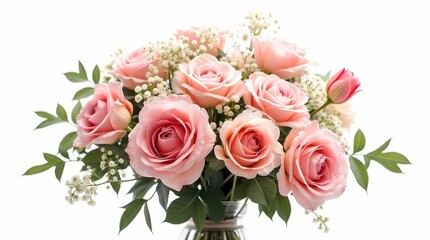 Bouquet of roses, tulips and mimosa on a white background