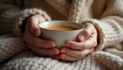 Hands holding a warm cup of coffee wrapped in a soft fluffy beige blanket for a cozy relaxing moment