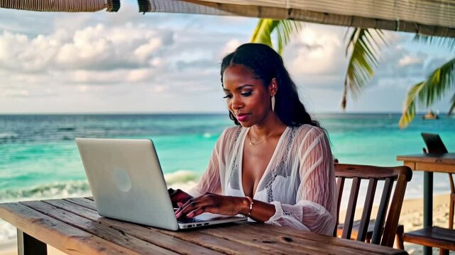 A digital nomad woman works with her laptop at a table next to a paradisiacal beach in the background.