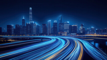 A city skyline at night with light trails on the highway