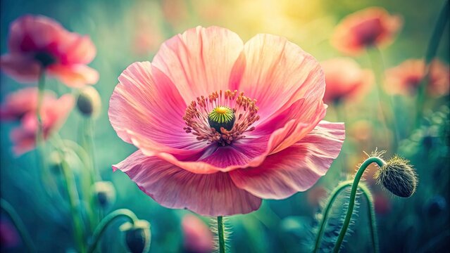 Vintage Pink Poppy Flower Closeup - Retro Floral Photography, Blooming Poppy, Botanical Image