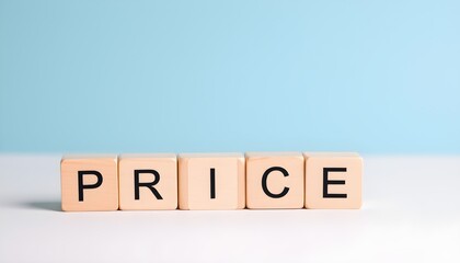 Wooden cubes with the word "PRICE" inscribed, arranged on a clean white and blue gradient background. The minimalist design emphasizes simplicity and clarity, suitable for financial, marketing