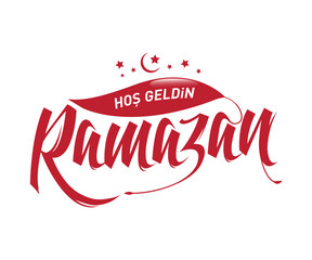 A typographic design with 'Hoş Geldin Ramazan' text. Adorned with crescent and star details in red tones, this modern artwork elegantly reflects the spiritual atmosphere of the Ramadan month