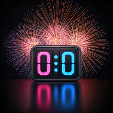 neon pink and blue countdown clock with fireworks exploding in the background