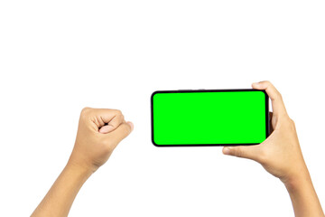 Hand holding smartphone with blank screen isolated on white background