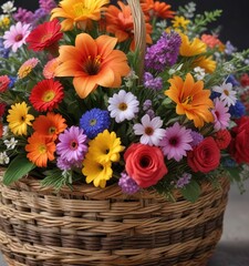 Colorful bouquet of flowers in a woven basket on a simple surface, floral arrangement,