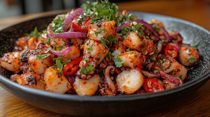 Fototapeta premium Grilled octopus and potatoes with herbs and red pepper flakes.