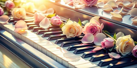 Elegant rose petals scattered on a grand piano's keyboard, with notes paper in soft pastel hues, music, decorative, music