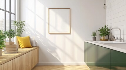 Fototapeta premium Sunny kitchen interior with window, plants, and wooden bench.