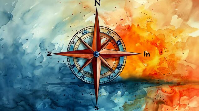 Beautiful compass rose illustration on colorful watercolor background showcasing north, south, east, and west directions
