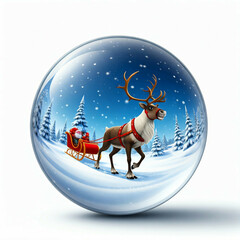 christmas reindeer and sleigh in a snow globe with snow falling