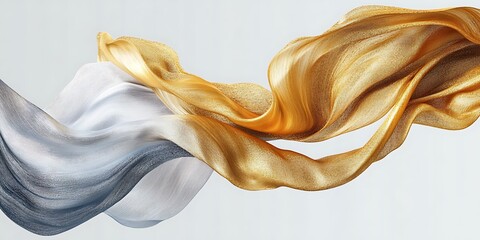 Fototapeta premium Abstract flowing fabric in gold, white, and gray.