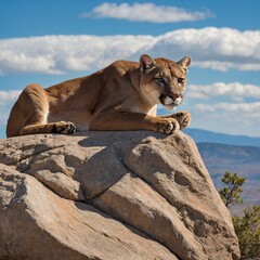 A mountain lion resting on a boulder under a bright sky, white background.