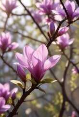Fototapeta premium Delicate bright violet magnolia flower buds unfolding in the warm spring sunlight, blooming, flower buds, spring blooms