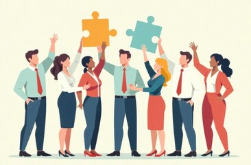 Obraz premium Group of multi-ethnic business people with raised arms holding a piece of jigsaw. Colleagues of diverse races and culture. Cooperate and collaborate. Concept of teamwork and success