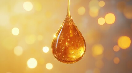 Golden liquid drop suspended against a shimmering background
