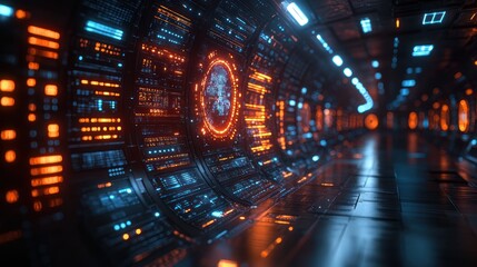 Fototapeta premium Futuristic corridor with glowing technology elements.