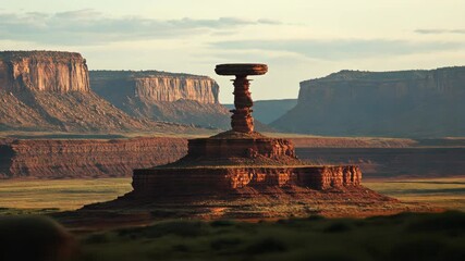 Majestic rock formation stands tall against the rugged landscape at sunset in the American Southwest