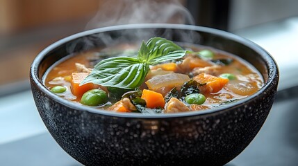 A steaming bowl of Tom Kha soup, rich with vibrant veggies and herbs, exudes warmth and comfort, perfect for any cozy meal.