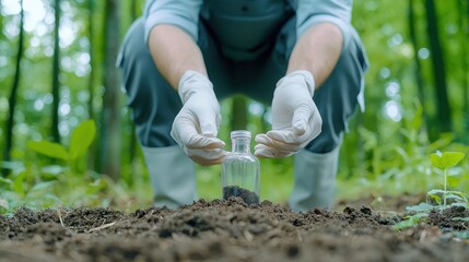 Fototapeta premium A crystal-clear photograph of a scientist collecting soil samples in a forest, wearing outdoor gear
