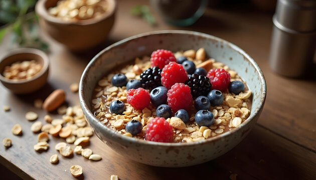 A bowl of granola with fresh berries including raspberries, blueberries, and blackberries