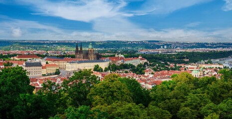 Fototapeta premium This is a stunning cityscape of Prague, showcasing the iconic Charles Bridge over the Vltava River. The historic architecture and vibrant atmosphere make Prague a must-visit destination.