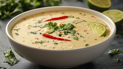 A vibrant bowl of Tom Kha soup, rich with creamy coconut and fresh herbs, evokes warmth and comfort in every spoonful.