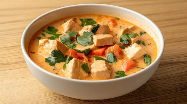 A warm bowl of Tom Kha soup, vibrant with creamy coconut milk, herbs, and tender tofu, evokes comfort and delight.