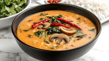 A steaming bowl of Tom Kha soup, rich with vibrant colors, topped with herbs and red chilies, evokes warmth and comfort.