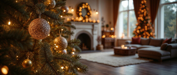 Obraz premium Cozy Christmas Living Room Interior with Decorated Tree and Festive Holiday Background Illustration