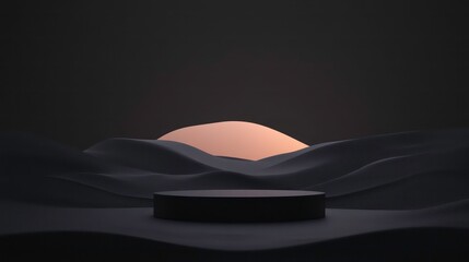 Fototapeta premium Dark minimalist podium on wavy surface with soft light behind.