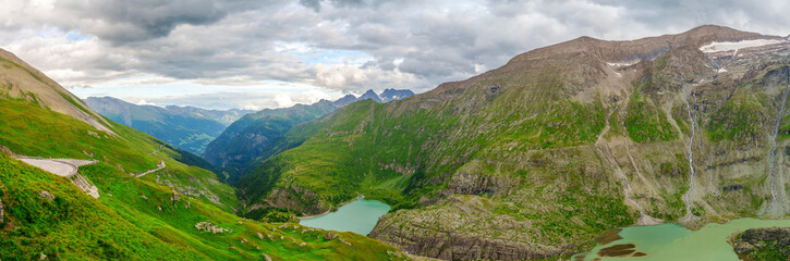 Stunning Pasterze Glacier landscape features snow-capped mountains, turquoise lakes, and lush valleys. It is the longest glacier in the Eastern Alps, Hohe Tauern National Park, Austria.