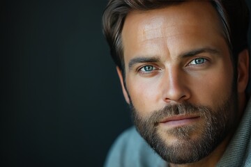 Fototapeta premium Handsome man with striking blue eyes poses against dark background