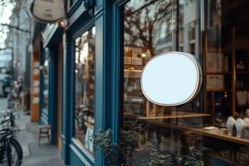 Blank Round Sign Hanging on Shop Window.