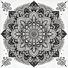 Intricate Black and White Floral Mandala Design | Symmetrical Mehndi-Inspired Art | Detailed Geometric Patterns for Coloring Books and Tattoos
