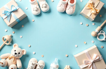 Fototapeta premium Pastel Blue Baby Accessories Top-Down Composition with Negative Space