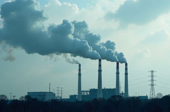 An industrial scene with chimneys emitting thick smoke against a cloudy sky, symbolizing pollution. A carbon tax symbol appears in the corner, emphasizing the financial implications of industrial emis