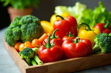 A tray filled with fresh vegetables—green broccoli, ripe red tomatoes, colorful bell peppers, and leafy greens. Neatly arranged and brightly lit, the vibrant display emphasizes health, nutrition