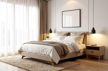Modern Minimalist Bedroom with Neutral Tones and Cozy Linens. The space embodies a modern, minimalist aesthetic Category Buildings and Architecture	