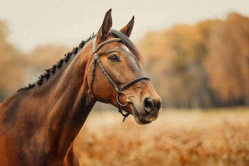 Obraz premium Portrait of a bay horse in the autumn field. Side view. Generative AI
