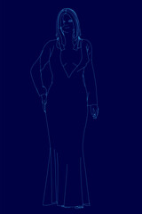 Woman is standing in a long dress. The dress is blue and has a long train. The woman is wearing a black jacket and is holding her hand up. The image has a mood of elegance and sophistication
