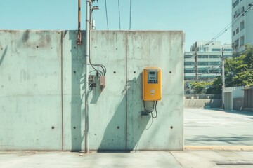 Vintage public telephone booth against concrete wall in urban setting during bright day