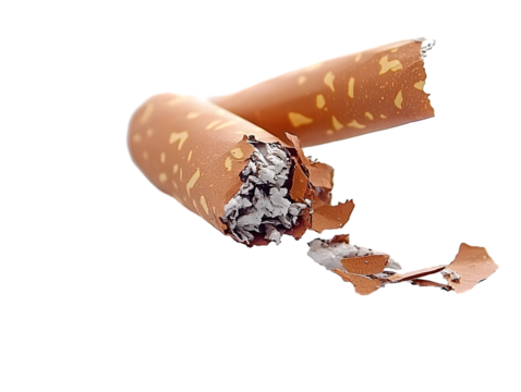 Broken and Cracked Cigarette with Ashes, Isolated on White Background