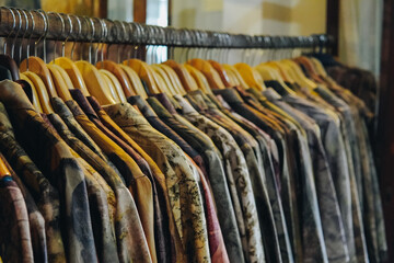Rack of colorful eco print clothes showcasing various patterns and textures.