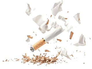 Discarded cigarette surrounded by flying paper debris, symbolizing waste and pollution awareness